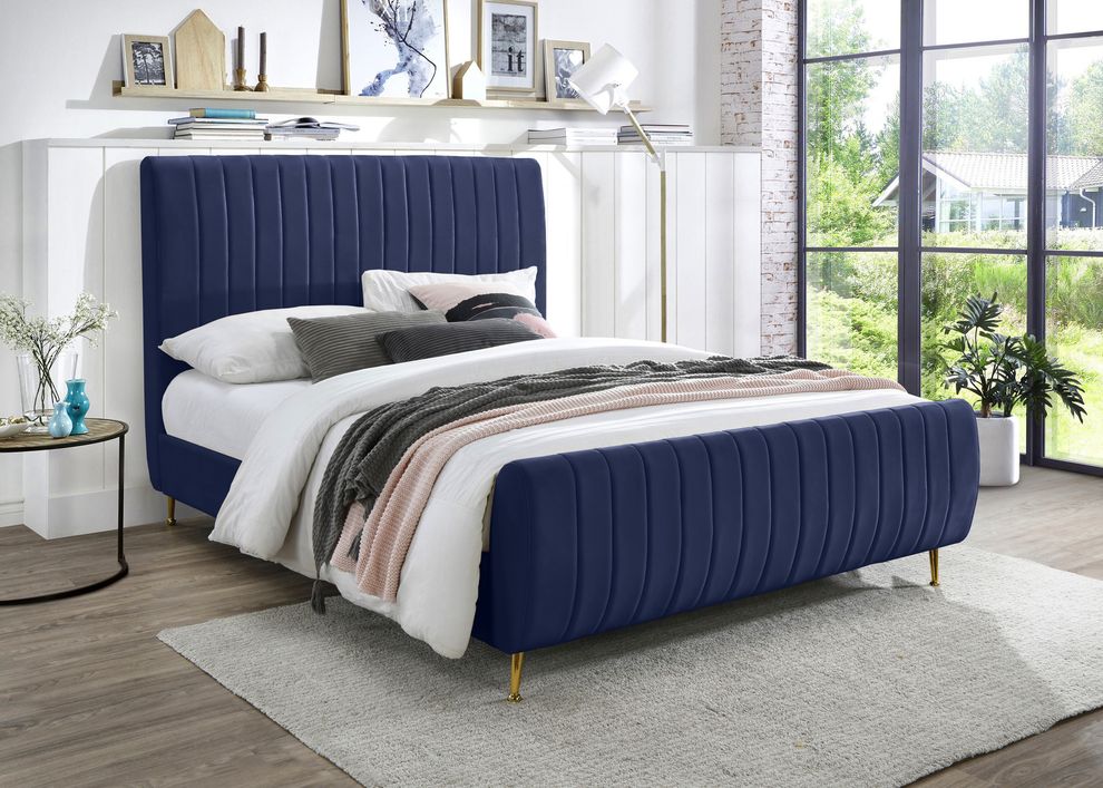 Contemporary navy velvet bed w/ channel tufting by Meridian