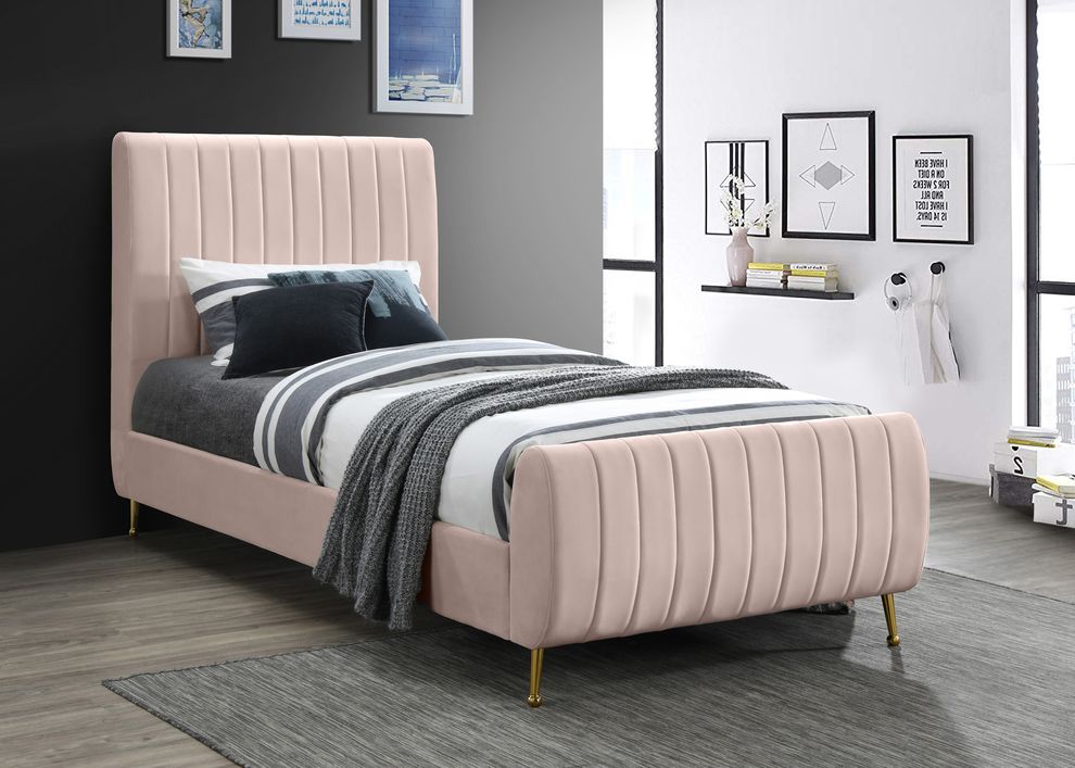 Contemporary pink velvet bed w/ channel tufting by Meridian