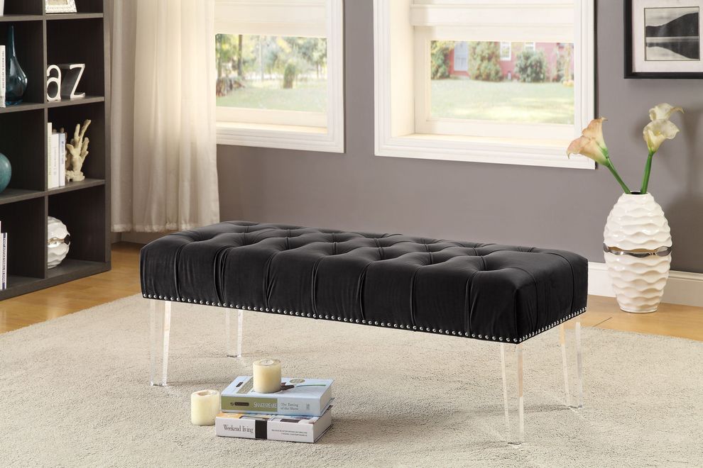 Acrylic legs modern black velvet fabric bench by Meridian