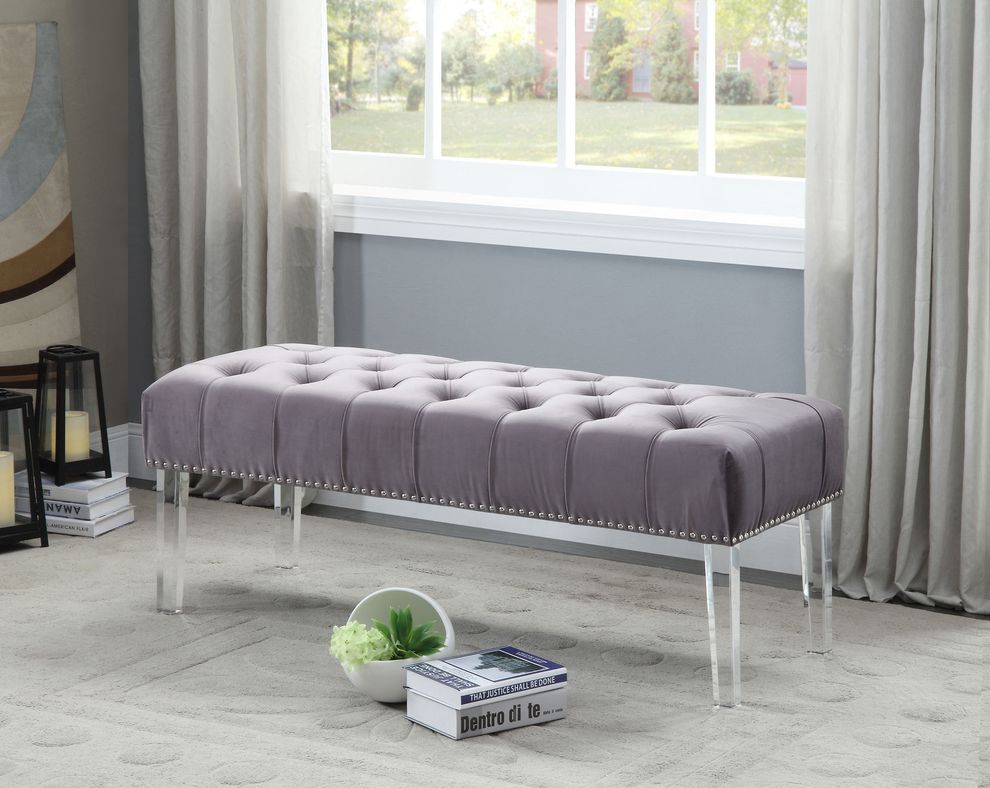Acrylic legs modern gray velvet fabric bench by Meridian