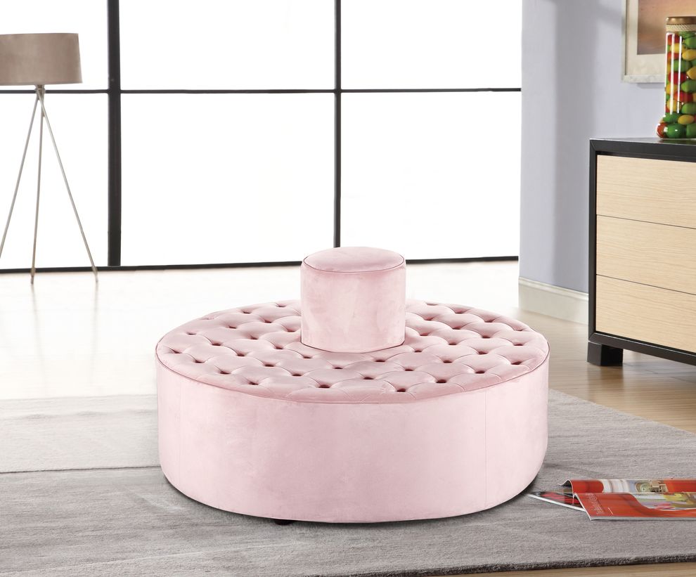 Pink velvet tufted round ottoman / seating bench by Meridian