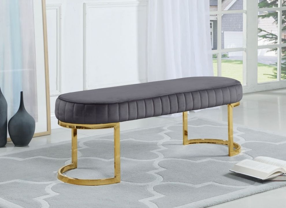 Gray velvet / golden legs contemporary bench by Meridian