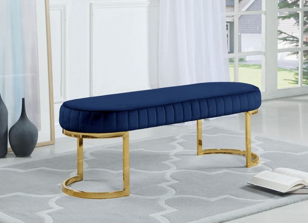Navy velvet / golden legs contemporary bench by Meridian