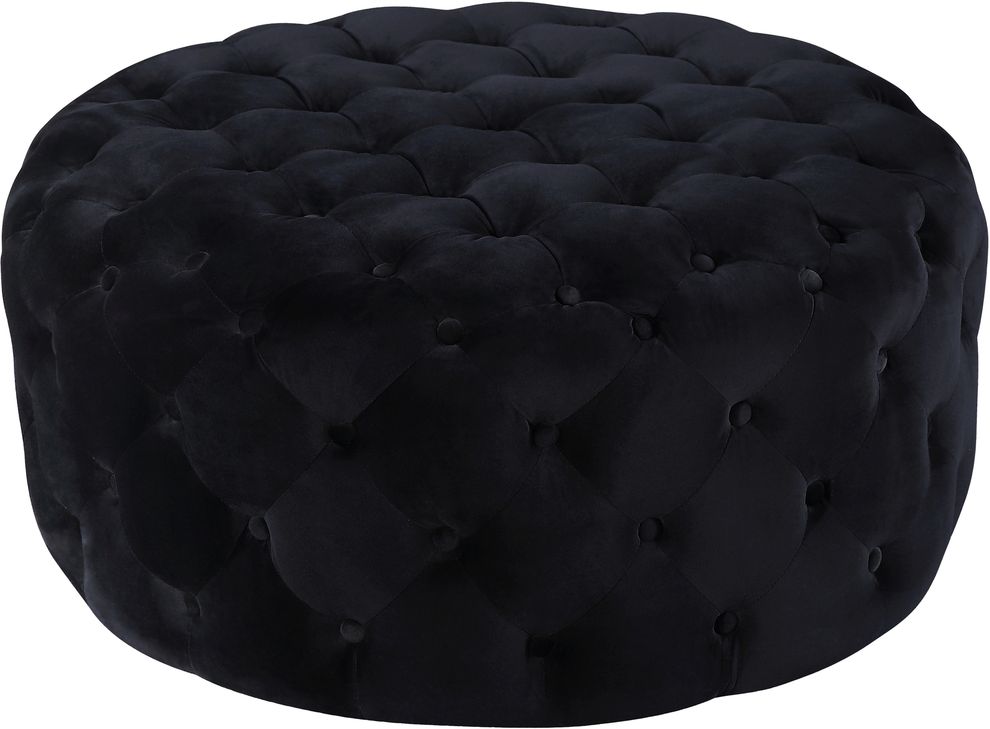 Black velvet round tufted ottoman by Meridian