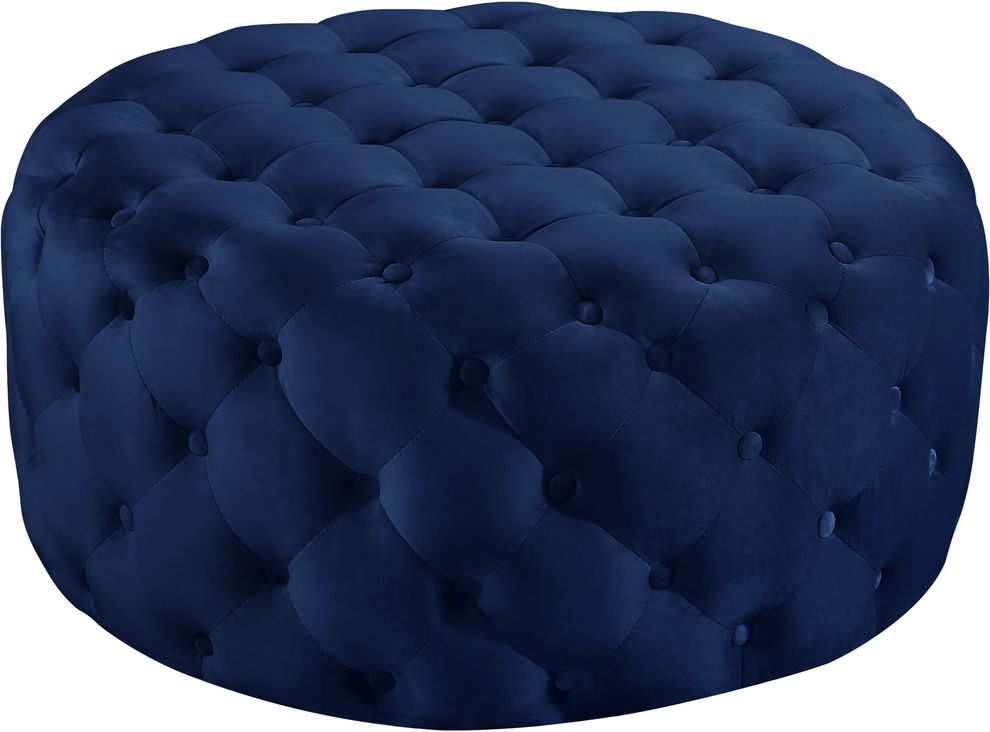 Navy velvet round tufted ottoman by Meridian