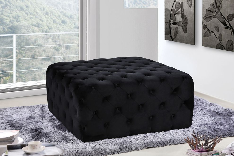 Black velvet fabric button tufted ottoman by Meridian
