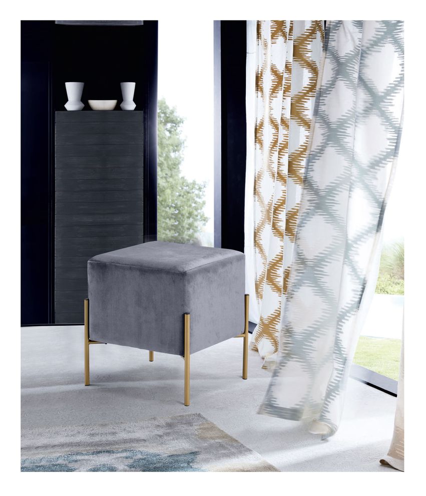 Square gray velvet ottoman on golden legs by Meridian
