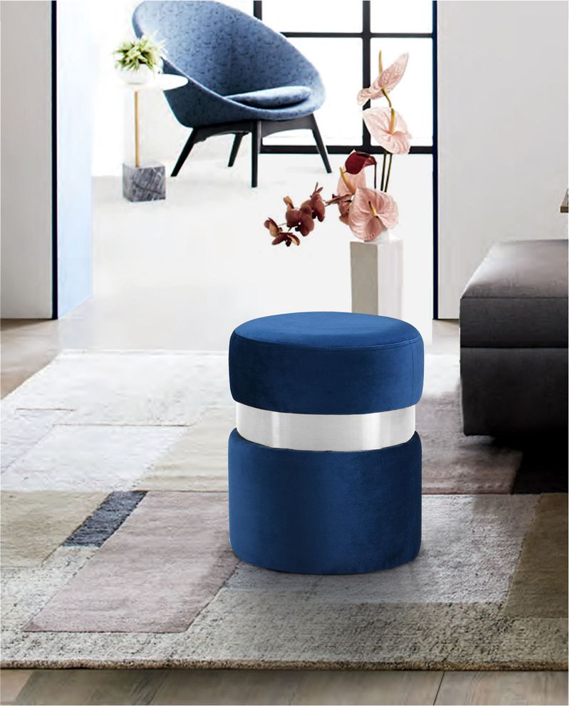 Stainless steel base / navy velvet round ottoman by Meridian