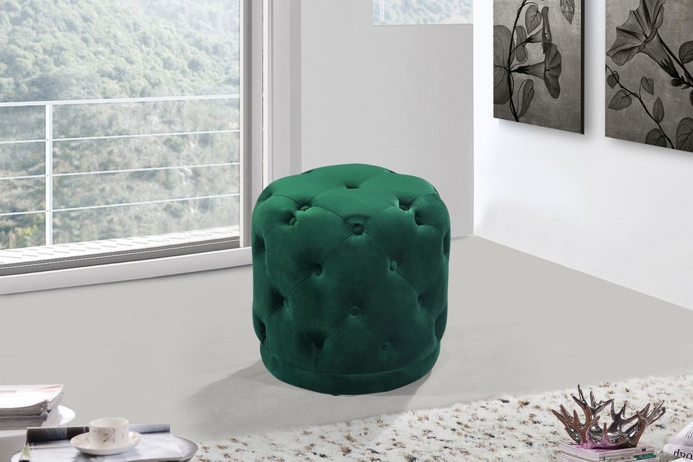 Green velvet tufted round ottoman by Meridian