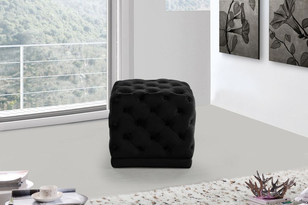 Black square stool / ottoman in velvet fabric by Meridian