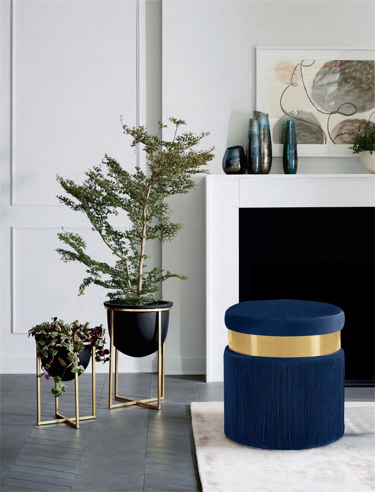 Navy velvet contemporary ottoman w/ gold stripe by Meridian