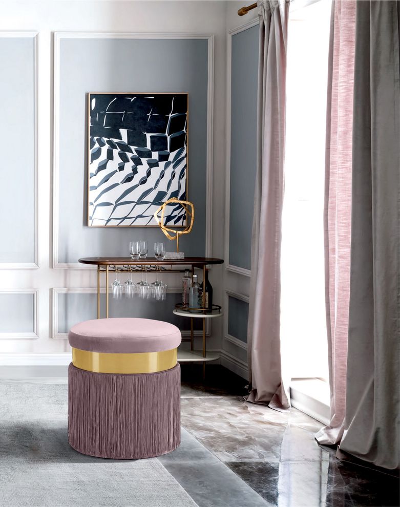 Pink velvet contemporary ottoman w/ gold stripe by Meridian
