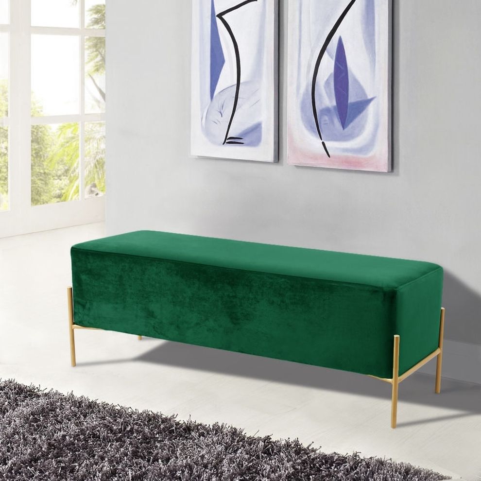 Green velvet contemporary bench w/ gold legs by Meridian