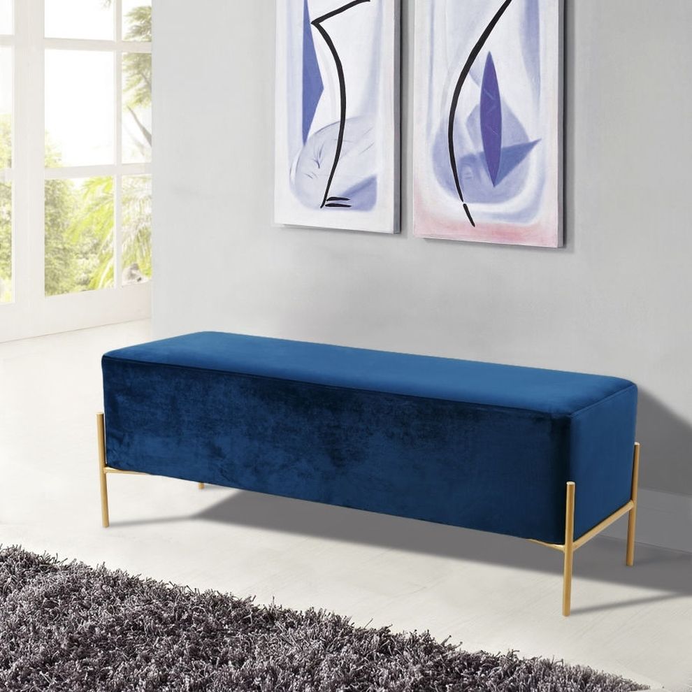 Navy velvet contemporary bench w/ gold legs by Meridian