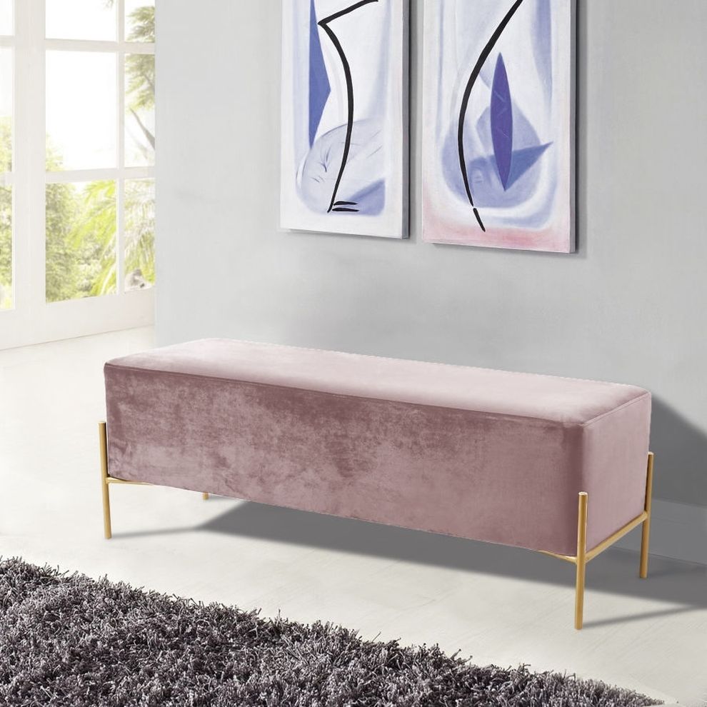 Pink velvet contemporary bench w/ gold legs by Meridian
