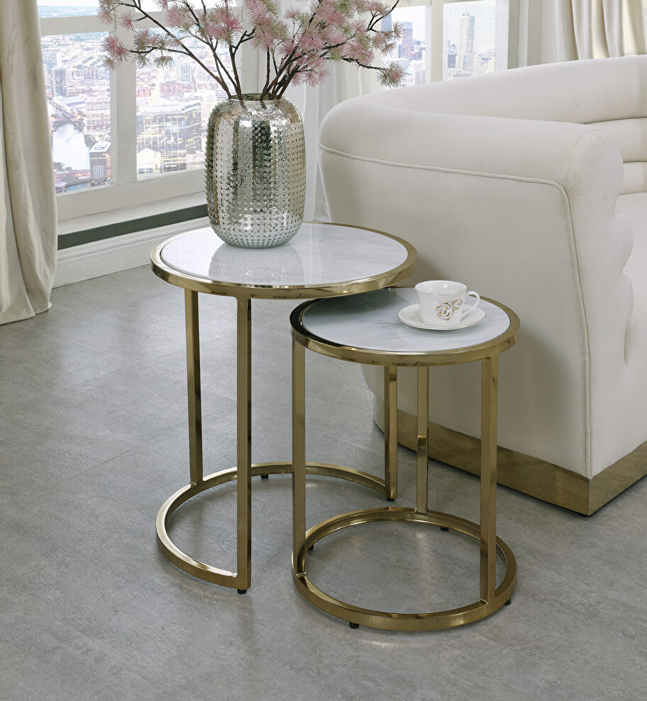 2pcs nested end table set w/ gold and faux marble by Meridian