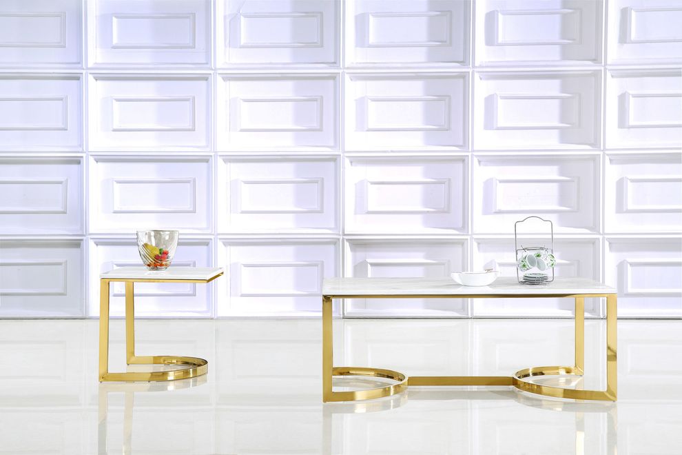 Modern white marble top / golden base cocktail table by Meridian
