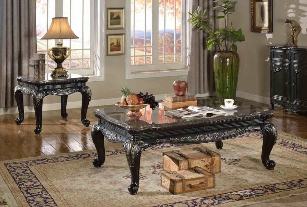 Traditional style black coffee table w/ marble top by Meridian