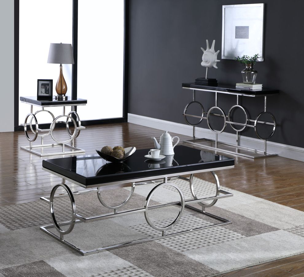 Black glass top / chrome legs modern coffee table by Meridian