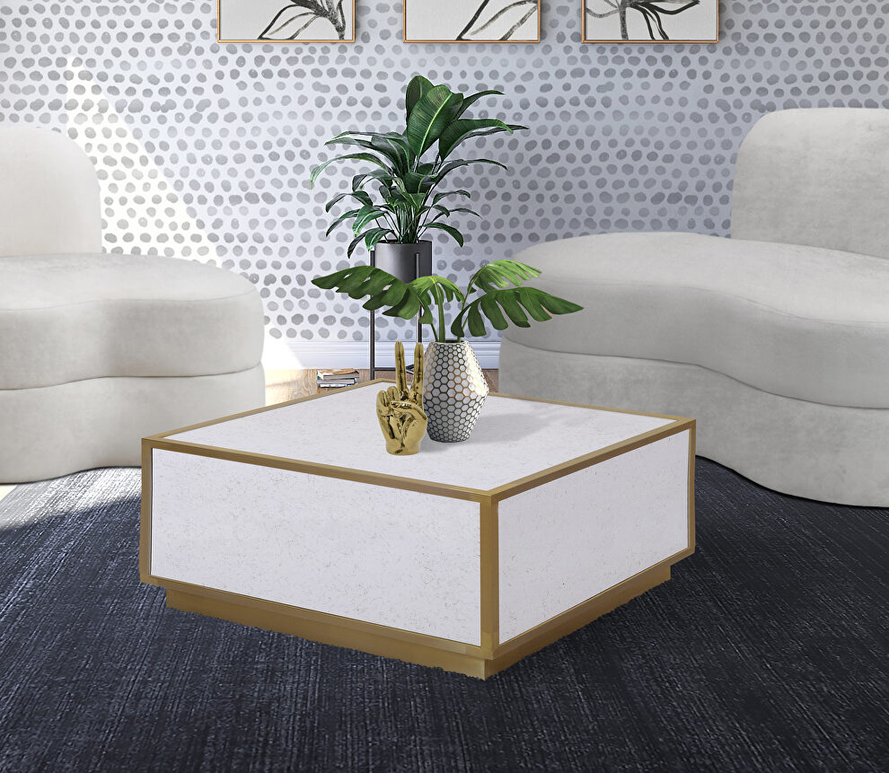 Glam contemporary style white faux marble cocktail table by Meridian