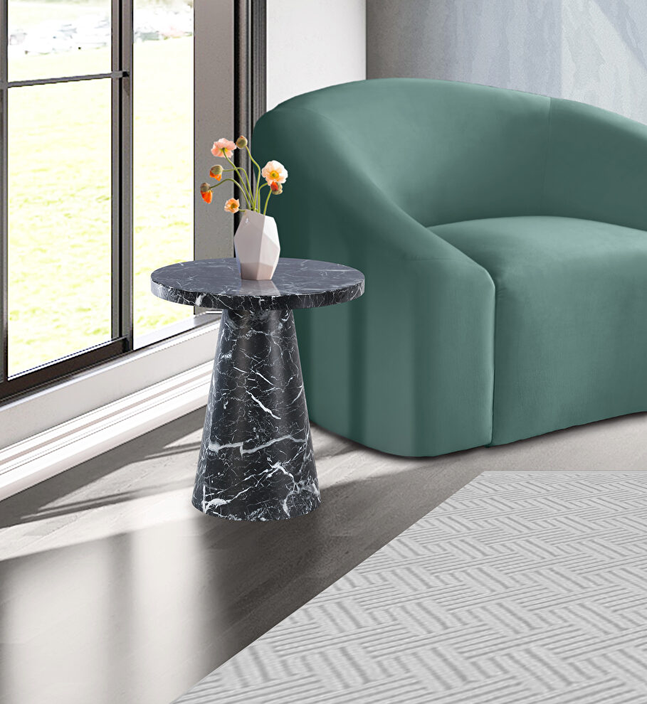 Black round marble top end table by Meridian