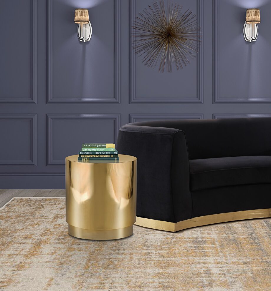 Gold metal round drum style end table by Meridian