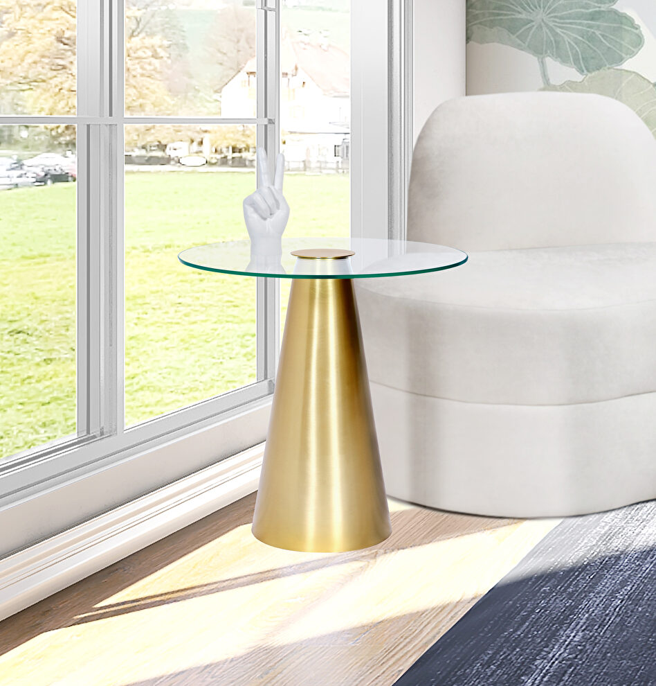 Round glass top / gold base contemporary end table by Meridian