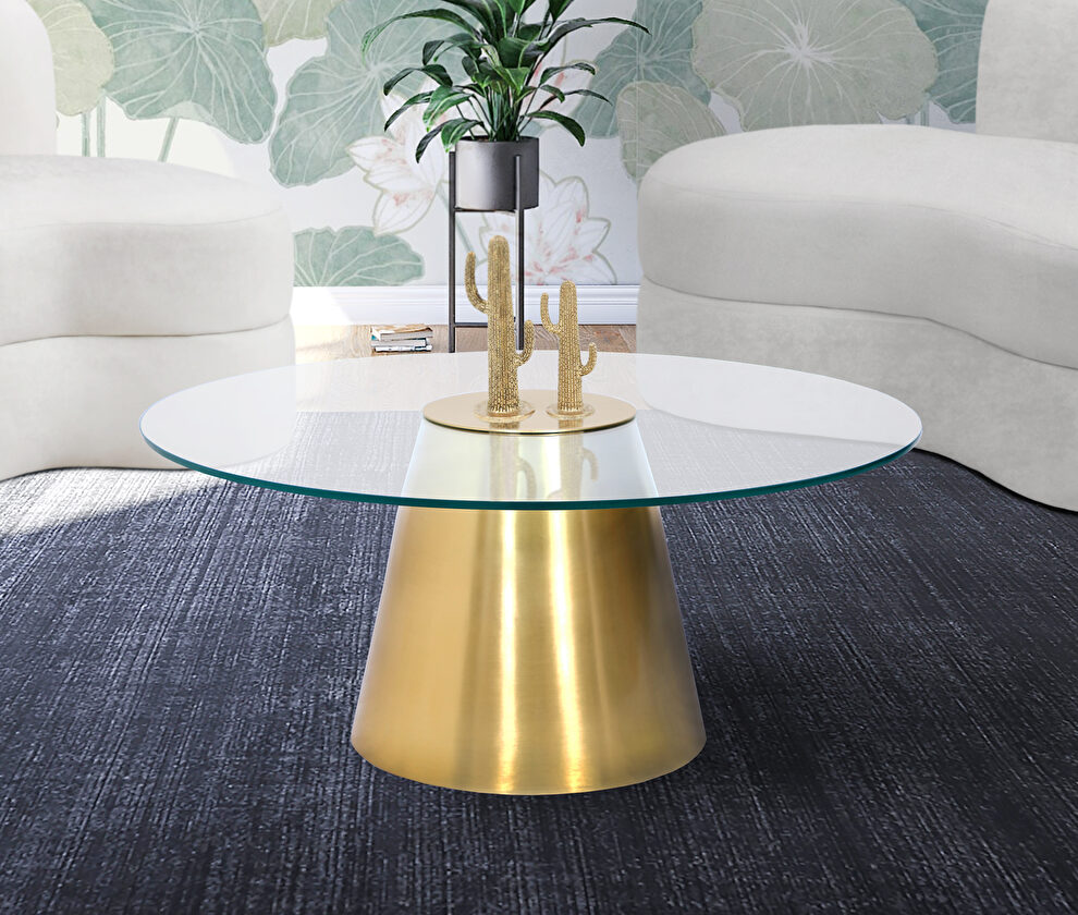 Round glass top / gold base contemporary coffee table by Meridian