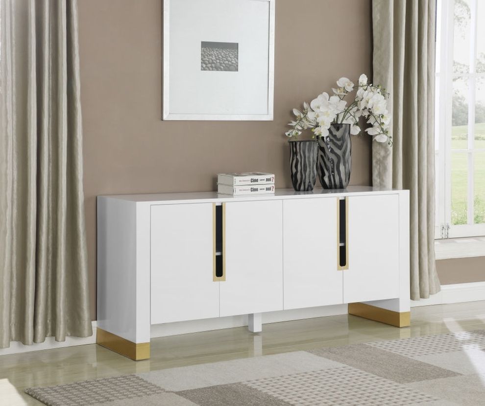 White laquer / gold metal kitchen cabinet / display by Meridian