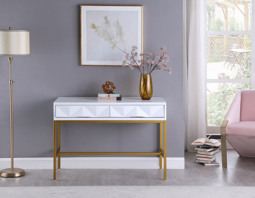 White laquer / gold metal console table / display by Meridian