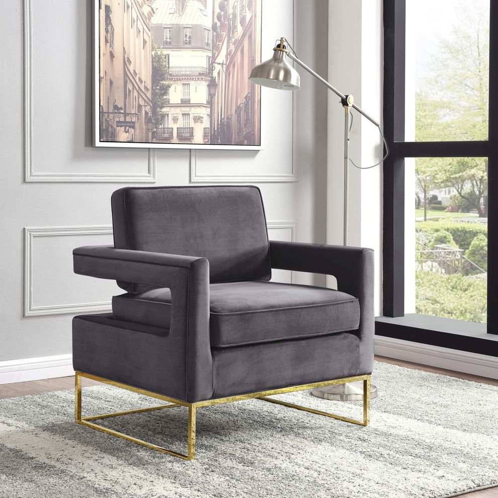 Gold stainless steel base chair in gray velvet fabric by Meridian
