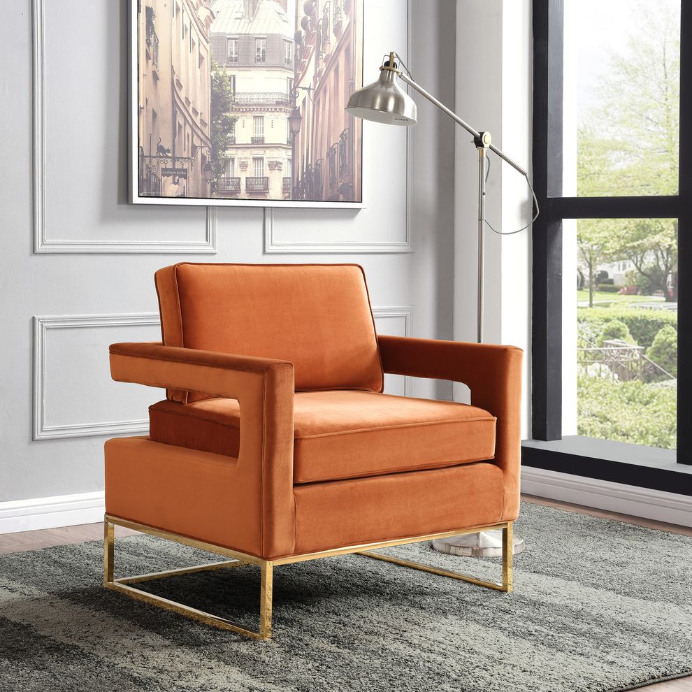 Gold stainless steel base chair in cognac velvet fabric by Meridian