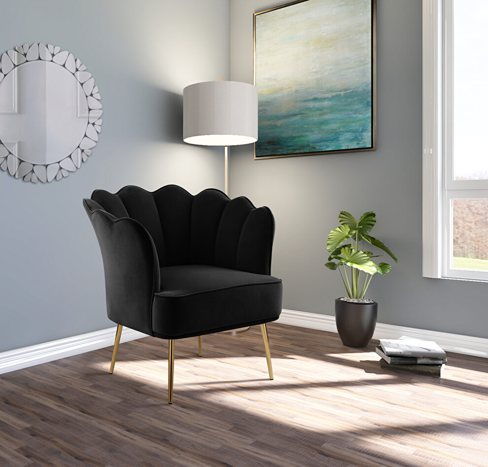 Modern accent chair in black velvet w/ gold legs by Meridian