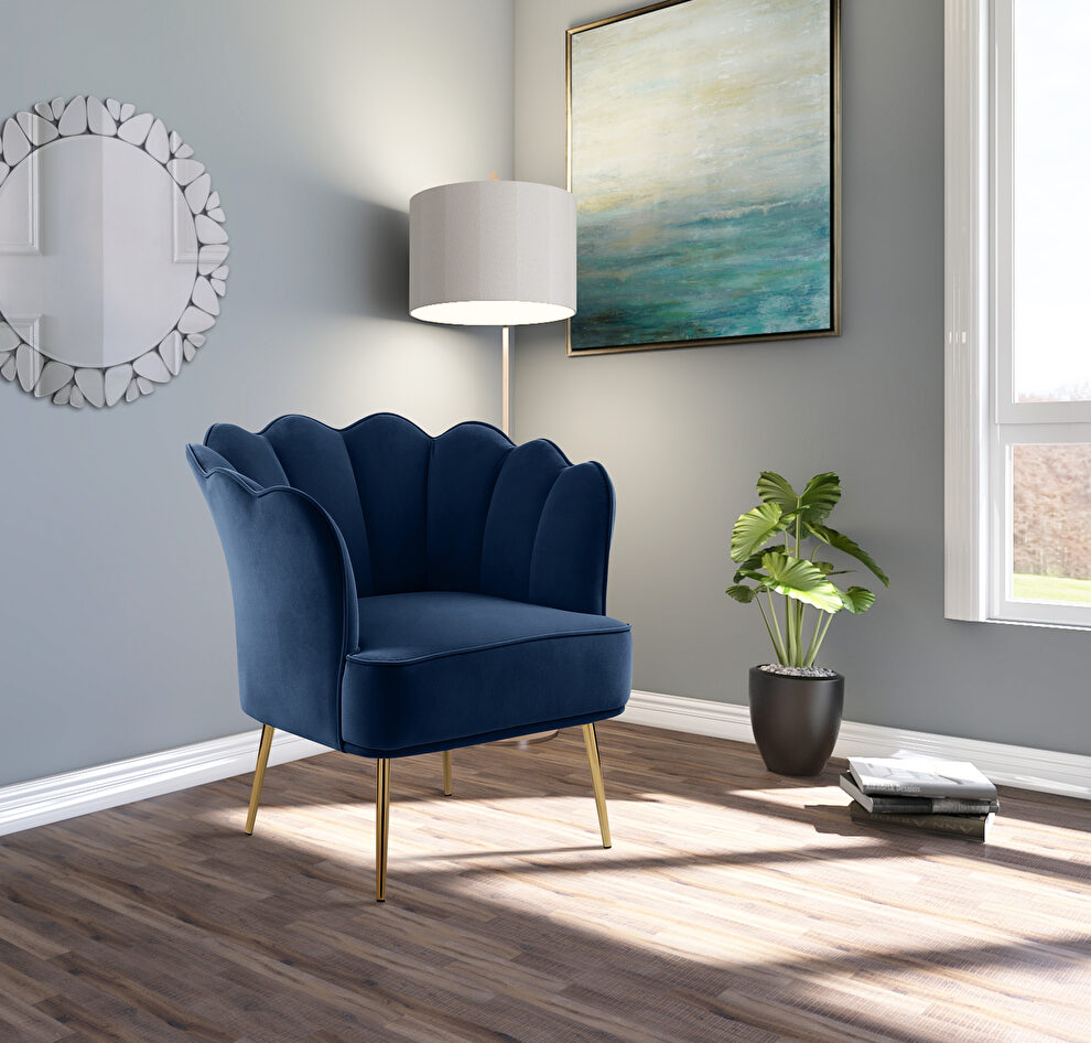 Modern accent chair in navy blue velvet w/ gold legs by Meridian