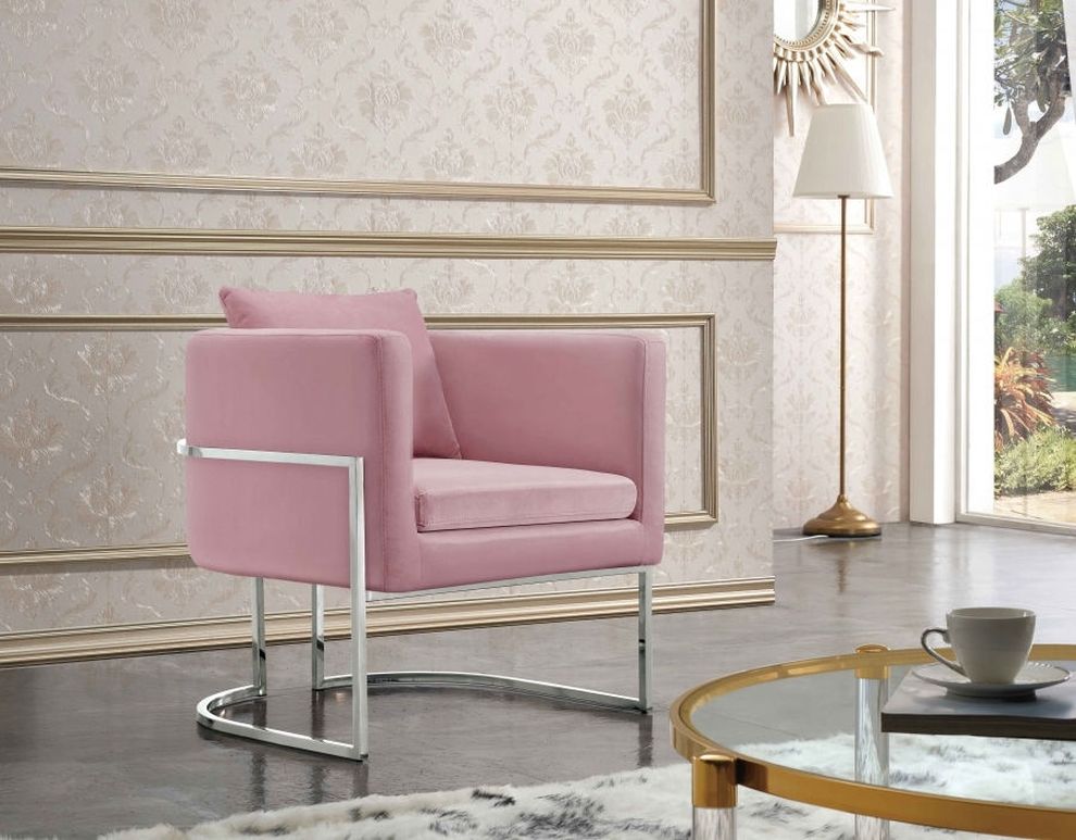 Pink velvet fabric / steel base chair by Meridian
