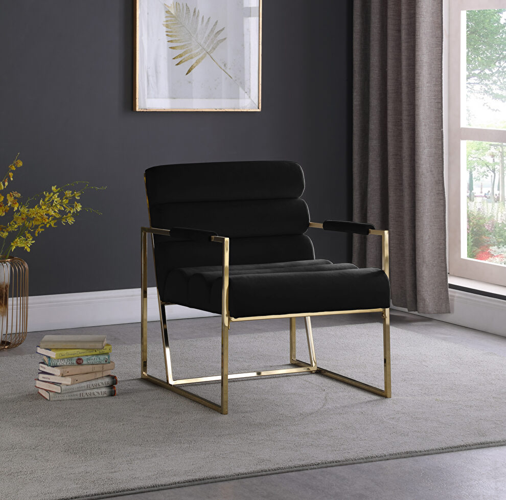 Channel tufted black velvet / gold frame chair by Meridian