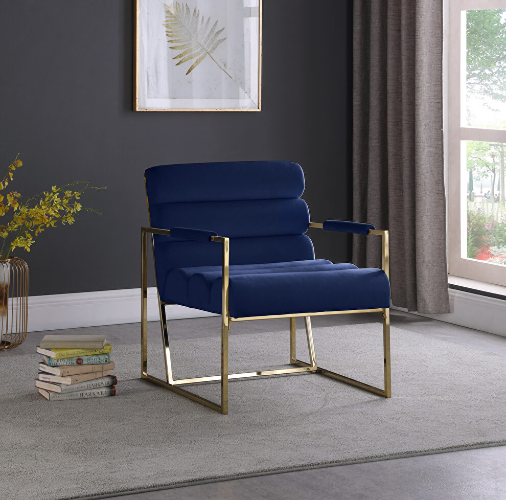 Channel tufted blue velvet / gold frame chair by Meridian