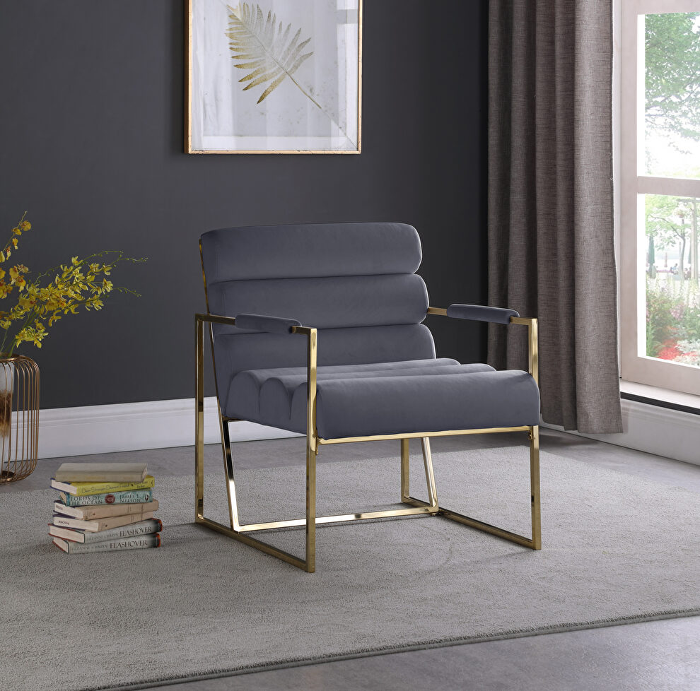 Channel tufted gray velvet / gold frame chair by Meridian