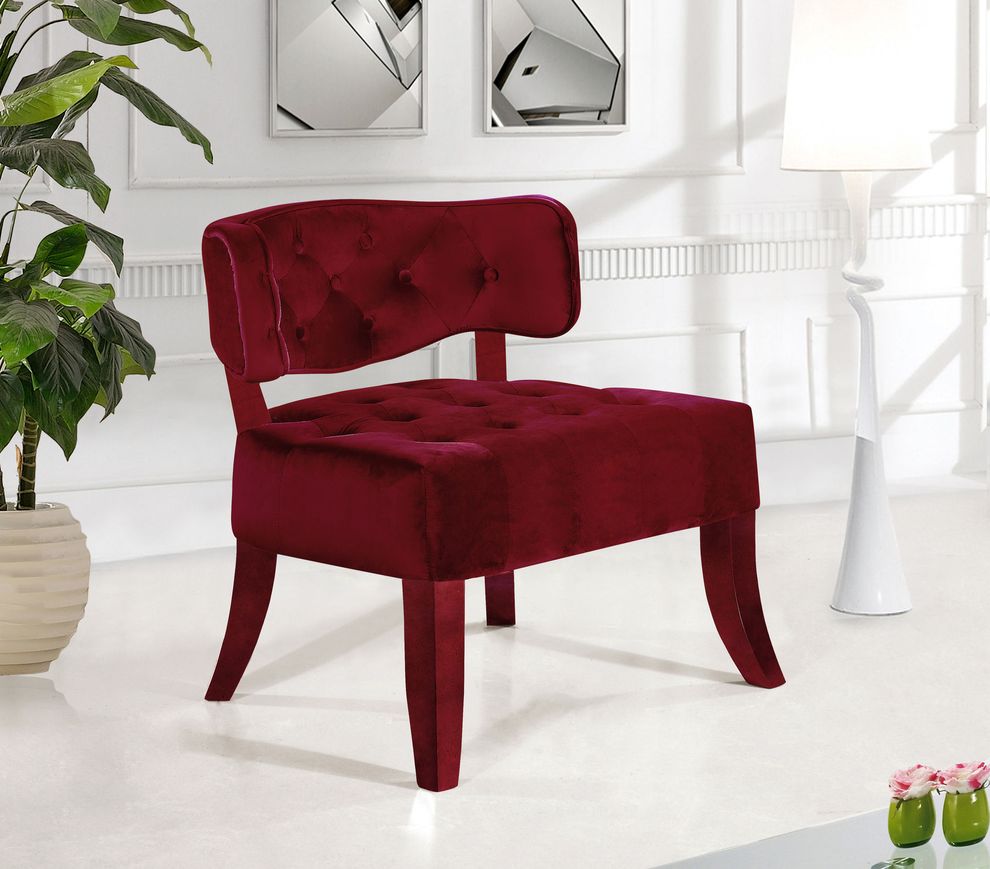 Velvet tufted chair in burgundy fabric by Meridian