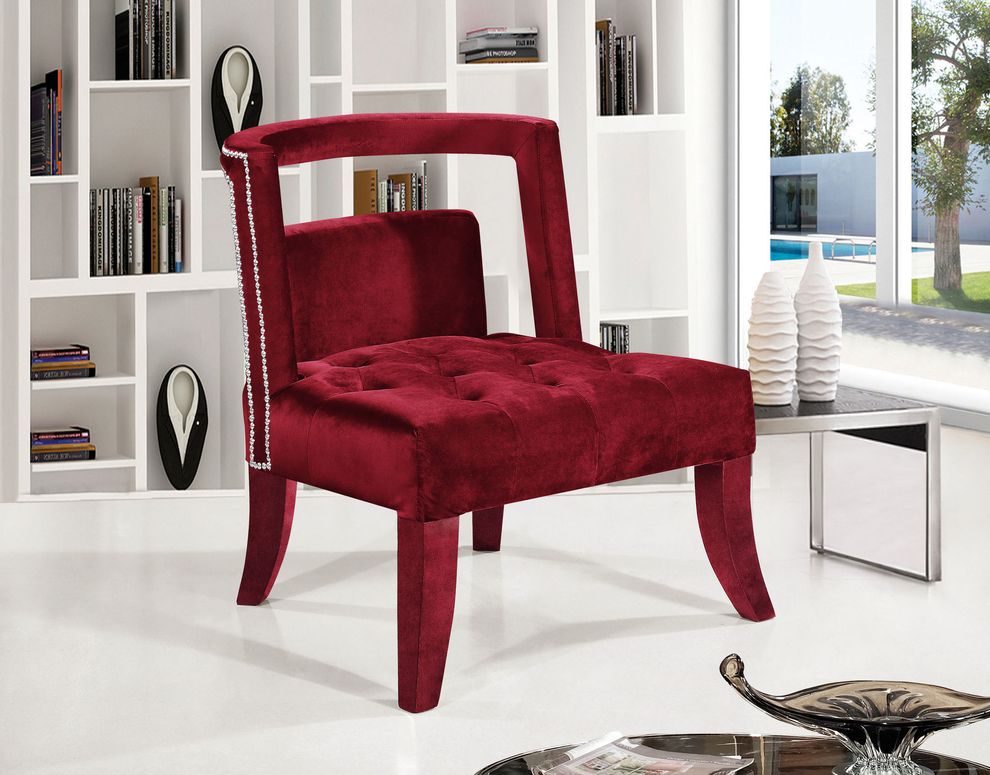 Tufted burgundy velvet fabric modern accent chair by Meridian