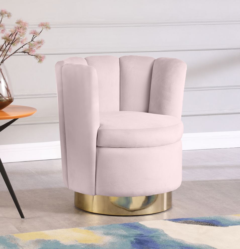 Pink velvet round accent chair w/ gold base by Meridian