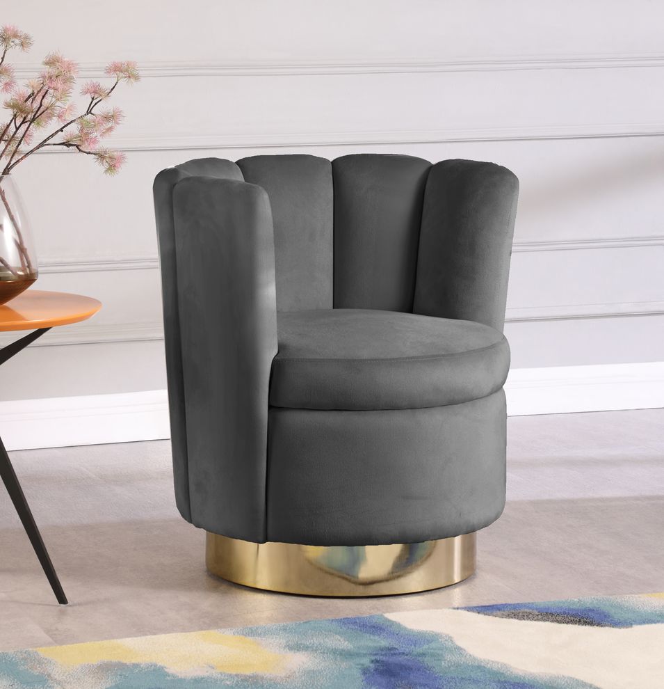 Gray velvet round accent chair w/ gold base by Meridian