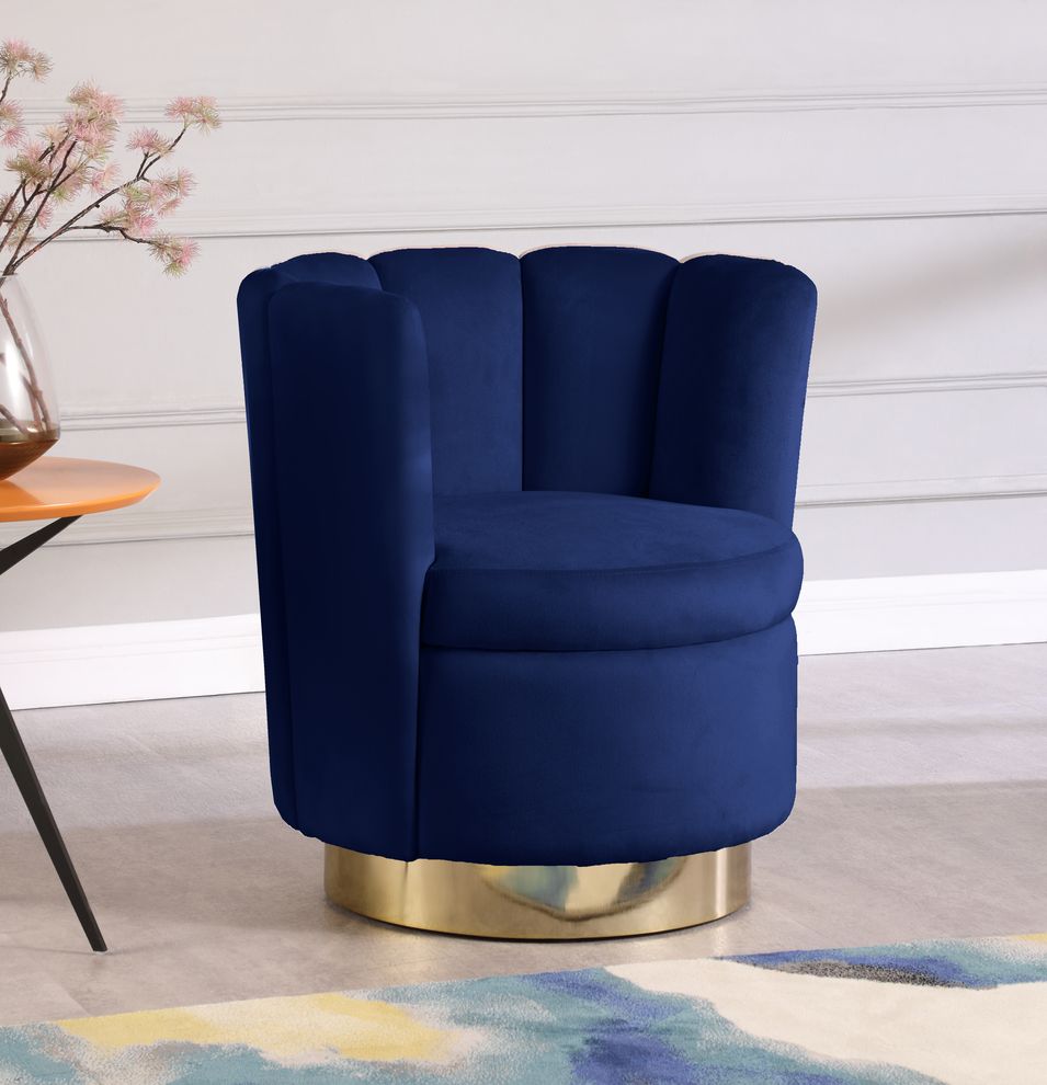 Navy velvet round accent chair w/ gold base by Meridian
