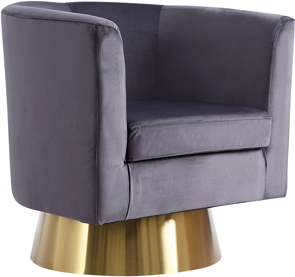 Gray velvet contemporary chair w/ swivel gold base by Meridian