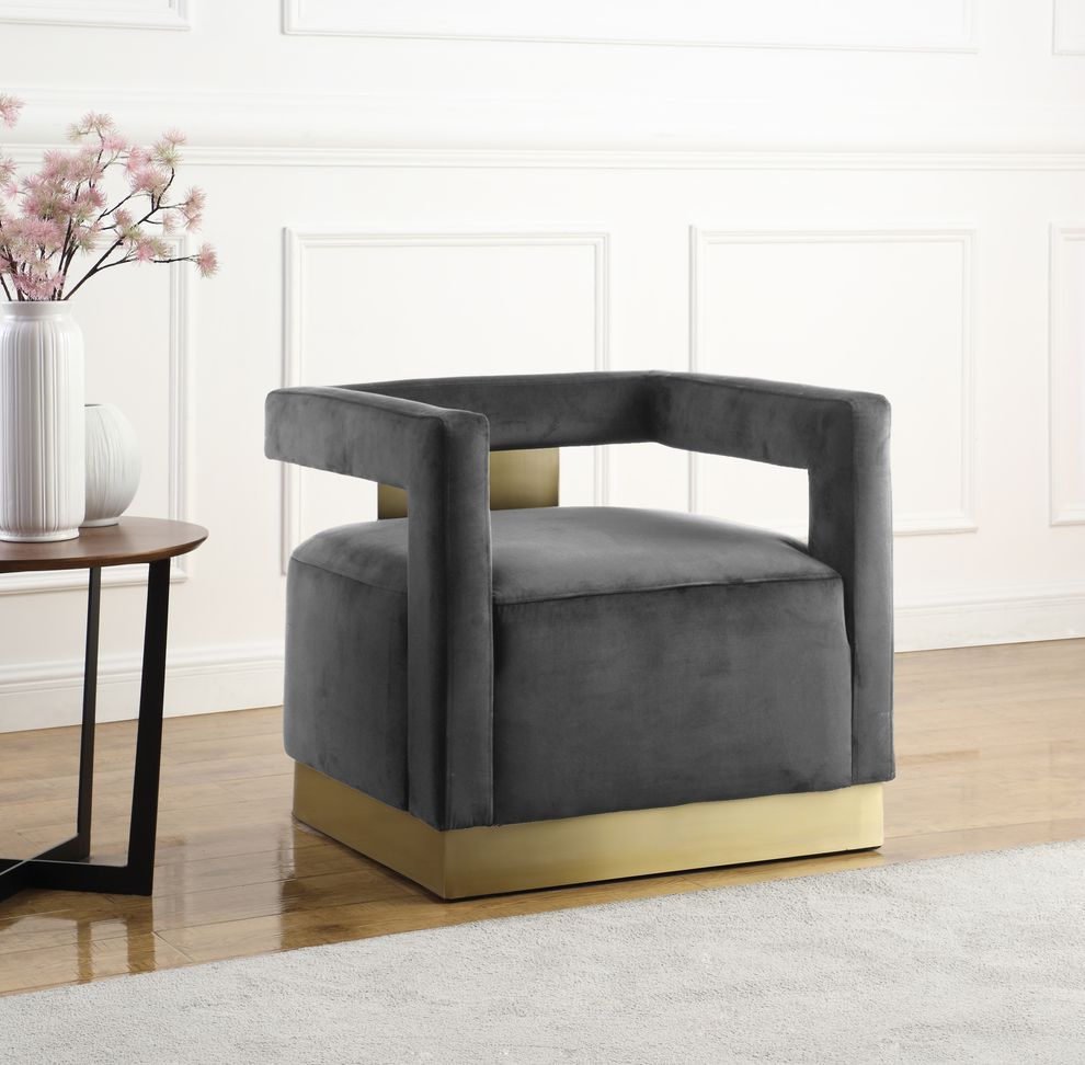 Square gray velvet contemporary chair w/ gold by Meridian