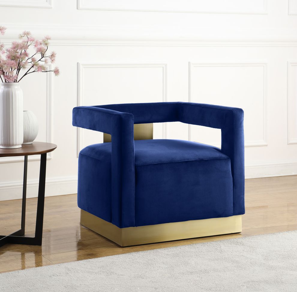 Square navy velvet contemporary chair w/ gold by Meridian