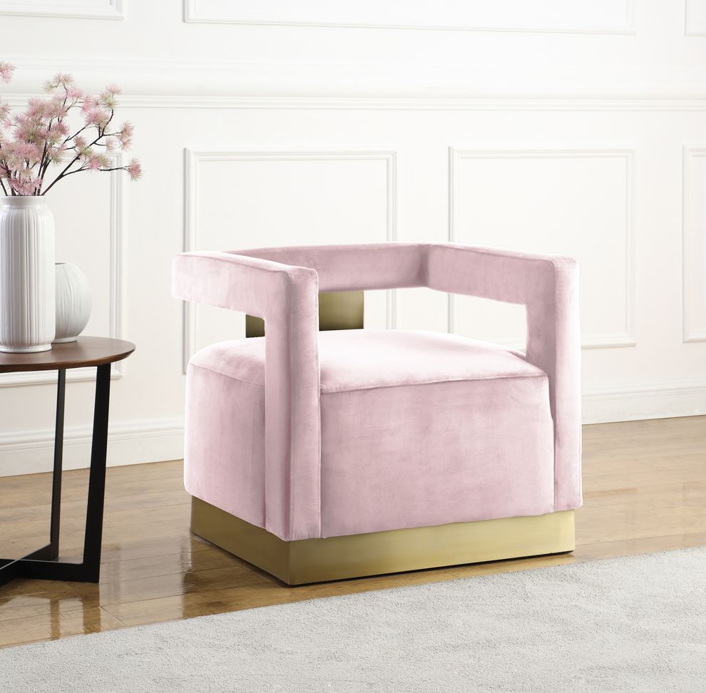 Square pink velvet contemporary chair w/ gold by Meridian
