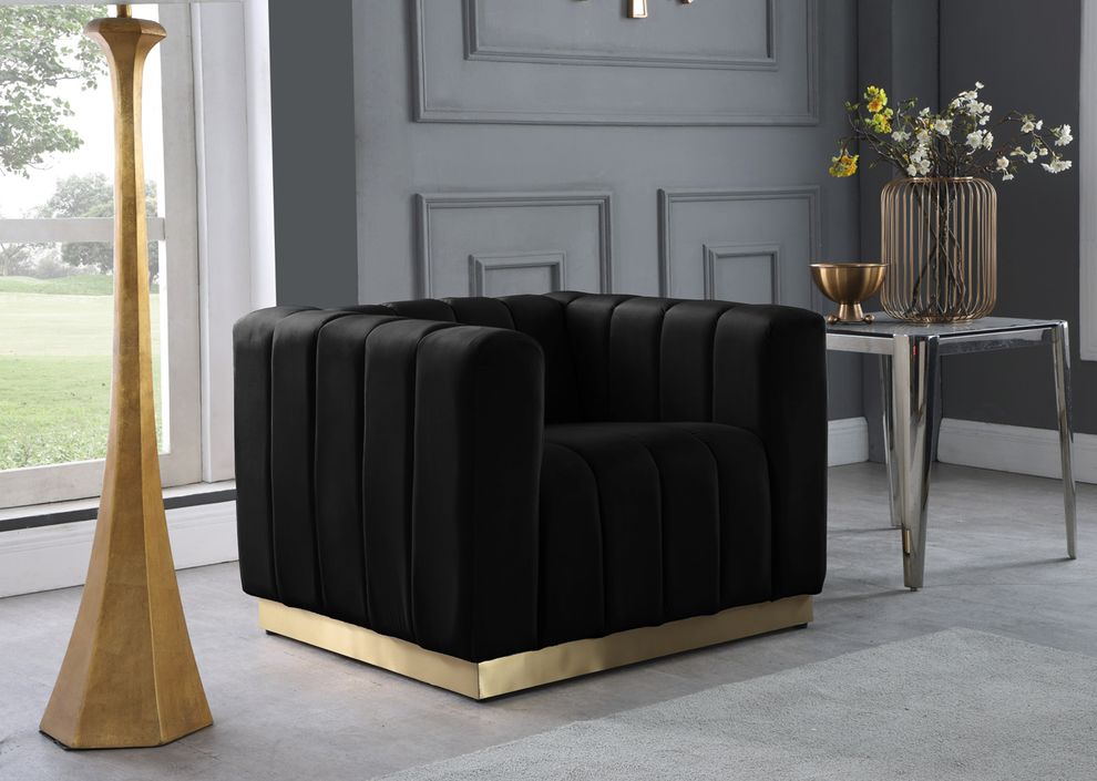 Low-profile contemporary velvet chair in black by Meridian