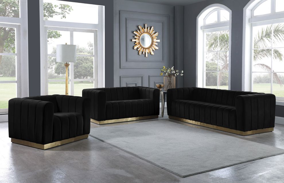 Low-profile contemporary velvet sofa in black by Meridian
