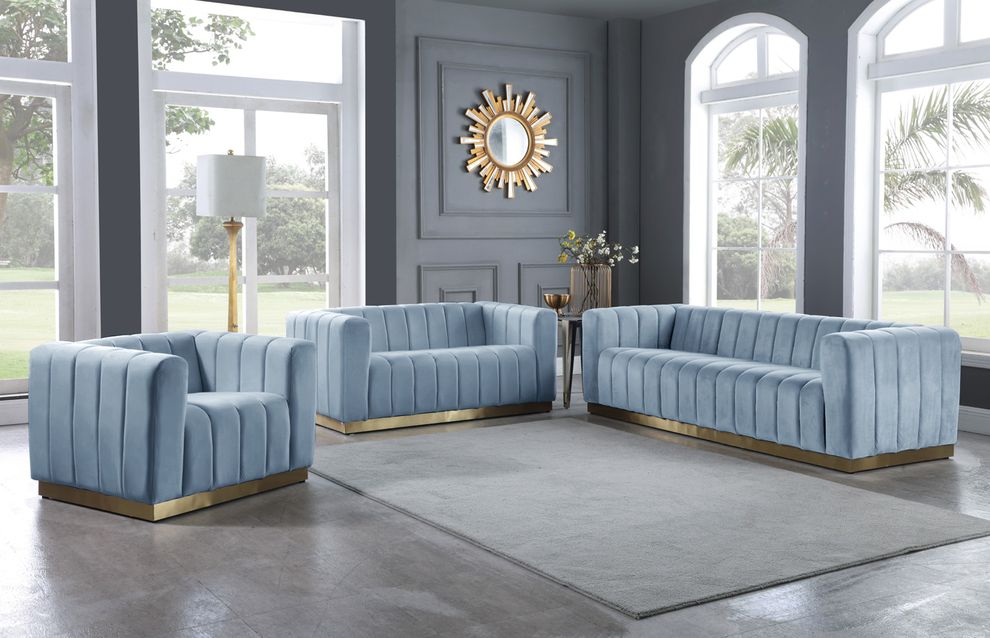 Low-profile contemporary velvet sofa in light blue by Meridian